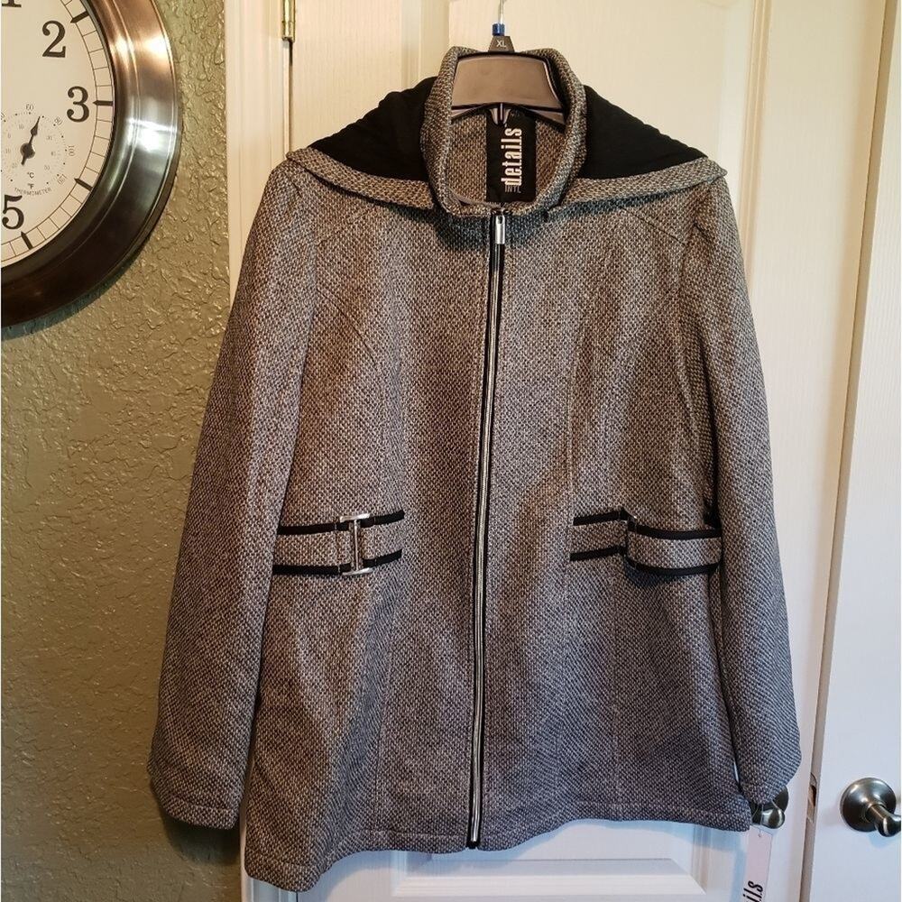 NEW, D.e.t.a.i.l.s Int tweed removable hood, pea coat jacket XL